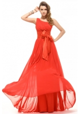 Bowknot Sash One Shoulder Rust Red Prom Pageant Dresses