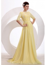 Bateau Neck Half Sleeves Yellow Brush Train JS Prom Dresses