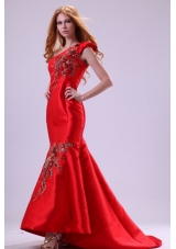 Embroidery Brush Train One Shoulder Red Prom Party Gowns