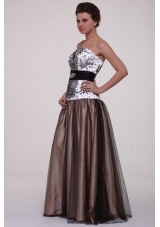 Black Sash Printed White and Brown Top Prom Evening Dress