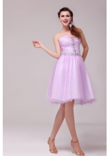 Knee-length A-line Lilac Tulle Prom Dama Dresses with Beading