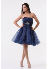 Knee-length Beading and Ruching Navy Blue Prom Cocktail Dress