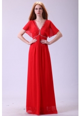 Fan Sleeves V-neck Red Chiffon Prom Celebrity Dress with Beading