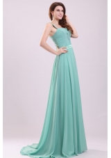 Beaded Wide Straps A-line Chiffon Prom Dress with Tail for Ladies