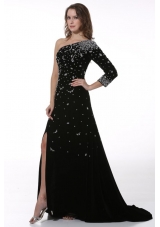 Chic Black Half Sleeve Slit Prom Pageant Dress with Sweep Train