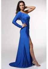 Single Long Sleeve High Slit Prom Gown Dress with Sweep Train