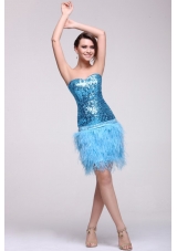 Column Knee-length Feathers and Sequins Blue Prom Party Dress
