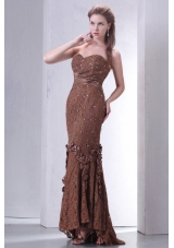 Brown Sheath Hi-lo Lace Dresses for Prom with Beaded Bowknots