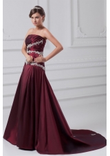 Burgundy A-line Appliques and Ruching Court Train Prom Dress