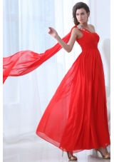 Flowers and Ruffles One Shoulder Ankle-length Red Prom Dresses