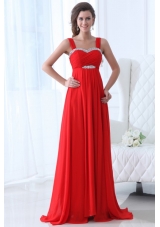 Wide Straps Empire Red Chiffon Prom Pageant Dresses with Trail