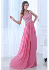 Single Shoulder Ruching and Sequins Prom Gown Dress in Pink