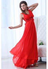 V-neck A-line Handle Flowers Red Chiffon Prom Gown for Woman