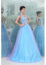 A-lien Blue One Shoulder Puffy Prom Gown Dress with Embroidery