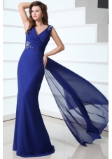 Blue Column V-neck Chiffon Prom Gown Dress with Sweep Train