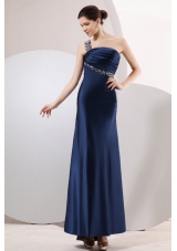 Navy Blue One Shoulder Ankle-length Prom Dresses with Beading
