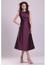 Noble Bateau Tea-length A-line Purple Taffeta Prom Gown Dresses