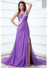Lilac Single Shoulder Court Train Side Slit Prom Dress for Women