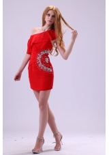Single Shoulder Mini-length Red Prom Party Dress with Beading