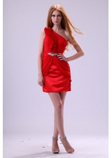 Ruffled One Shoulder Mini-Length Taffeta Prom Dresses in Red