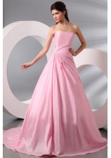 A-line Court Train Prom Gown Dress in Baby Pink with Puffy Skirt