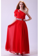 Cheap One Shoulder Beading Chiffon Prom Formal Dress in Red