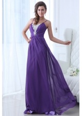 Spaghetti Straps A-line Beaded Chiffon Prom Gown Dress in Purple