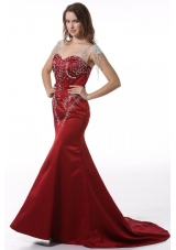 V-neck Trumpet Wine Red Taffeta Prom Gowns with Court Train