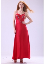 Red Ankle-length Column Beading Chiffon Prom Evening Dress