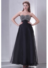 Chic Black Ankle-length Organza Prom Gown Dress with Beaded Breast