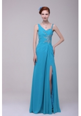 Aqua Blue Asymmetrical Neckline High Slit Chiffon Prom Maxi Dresses