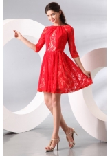 Amazing Short Red Prom Dress with Lace Overlay and Half Sleeves