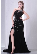 Black One Shoulder High Slit Brush Train Prom Maxi Dress with Beading