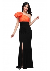 Graceful Black and Orange One Shoulder High Silt Prom Dress