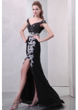 Beautiful Black Off the Shoulder Prom Dress with White Accents and Slit