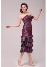 Hot Burgundy Column Tea-length Prom Dress with Ruffled Layers