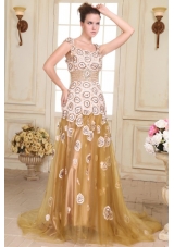 Pretty Prom Dress with Cap Sleeves by Printed Fabric and Gold Tulle