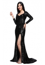 Black Sequins Square Long Sleeves High Slit Brush Train Prom Dress
