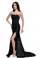 Column Black Strapless Sequins High Slit Brush Train Dresses for Prom