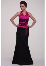 Graceful Hot Pink and Black Satin Halter Top Prom Dress