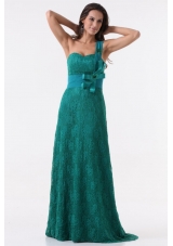 Turquoise Column One Shoulder Lace Bow Prom Gown Dress