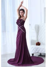 Purple One Shoulder Beading and Ruching Brush Prom Pageant Dress