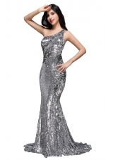 Column Sequins High Slit Silver One Shoulder Brush Train Prom Dresses