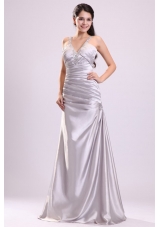 Column Straps Beading Ruching Full-length Gray Dress for Prom Queen