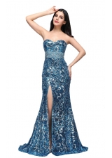 Column Sweetheart Sequins High Slit Brush Train Prom Celebrity Dress