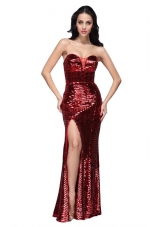 Column Sweetheart Wine Red Sequins Prom Evening Dress with High Slit