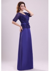 Column V-neck Lace Sash Purple Half Sleeves Satin Prom Holiday Dress