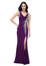 Chiffon Floor-length Column V-neck Purple Beading High Slit Prom Dress