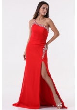 Sexy Red One Shoulder Beading High Slit Prom Dress