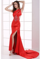 Gougers Column Red One Shoulder Beading High Slit Prom Dresses